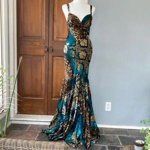 Cache full length teal, brown and gold leopard floral silk gown